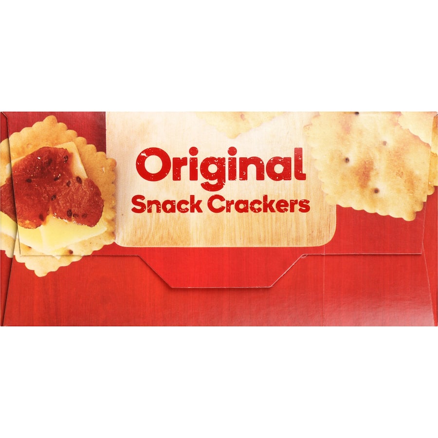 Crunchy Woolworths Original Crackers made with wheat flour, perfect for pairing with cheese and dips, free from artificial additives.