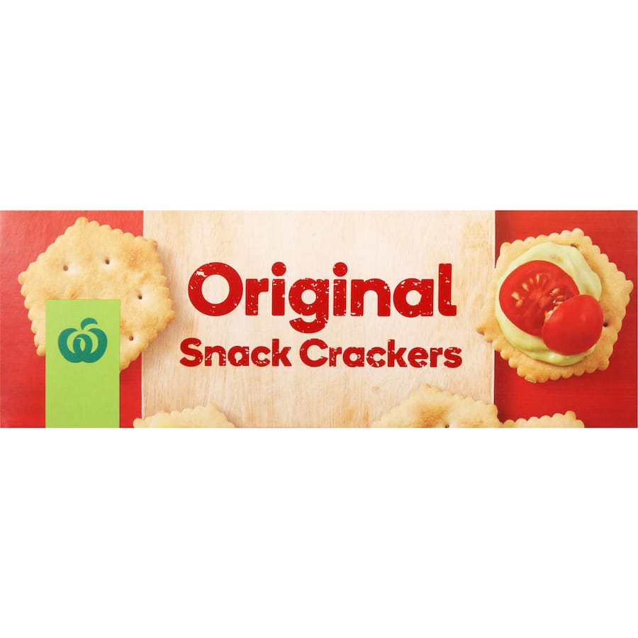 Crispy Woolworths Original Crackers, made with wheat flour, perfect for pairing with cheeses and dips. Free from artificial additives.