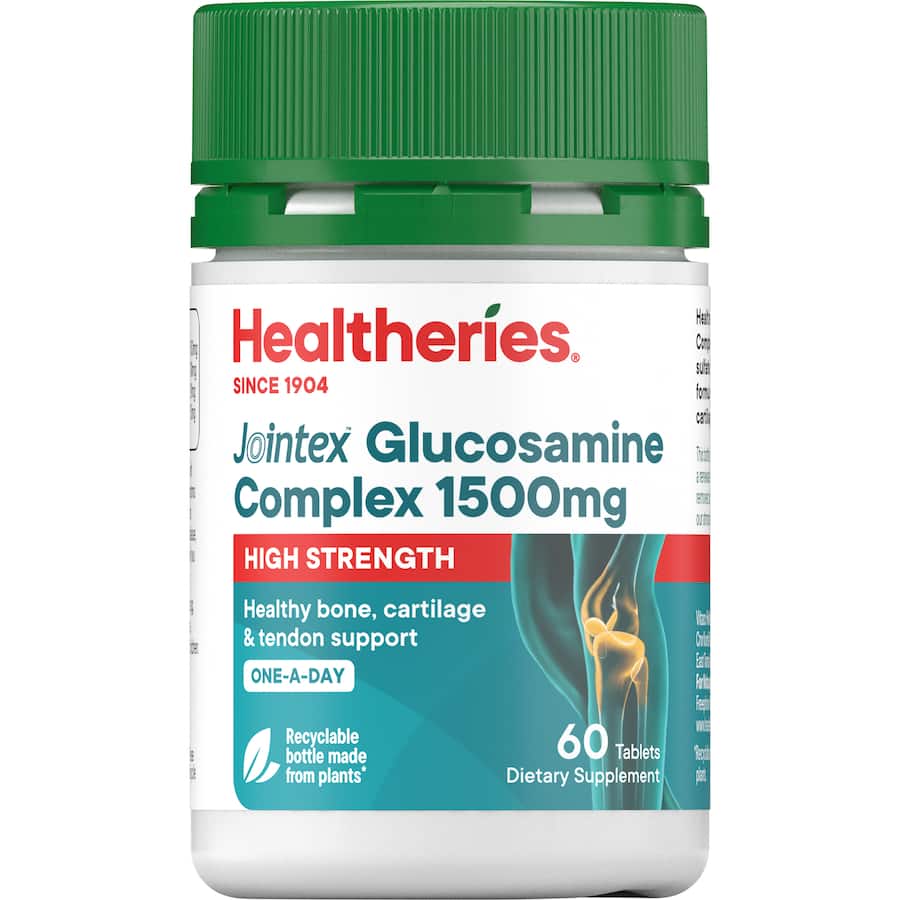 Healtheries Glucosamine 1500mg tablets for joint health support, pain relief, and cartilage repair. Ideal for active lifestyles.