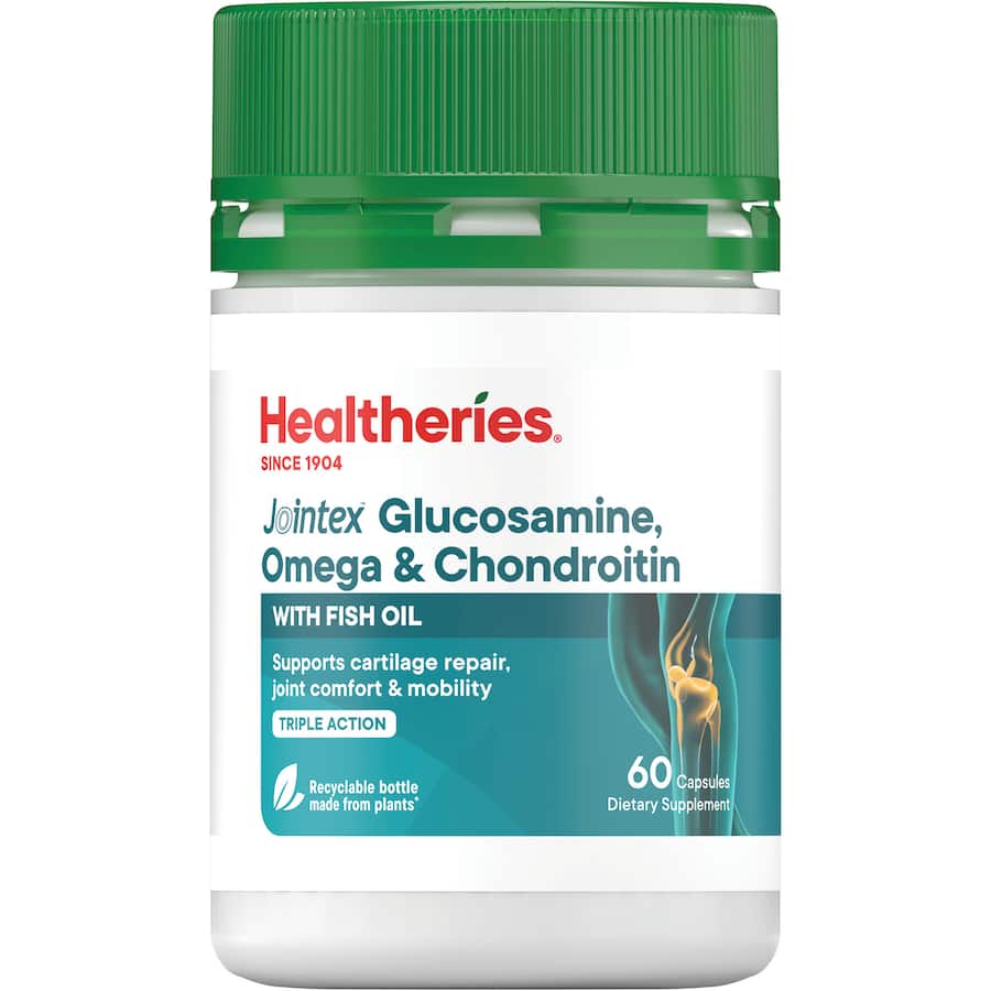 Healtheries Joint Formula capsules featuring glucosamine, chondroitin, and omega-3 for enhanced joint mobility and flexibility.