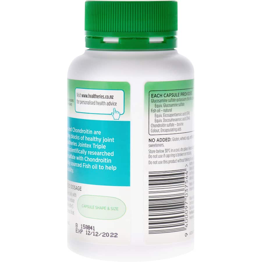 Healtheries Joint Formula capsules with glucosamine, chondroitin, and omega-3 for optimal joint support and mobility.