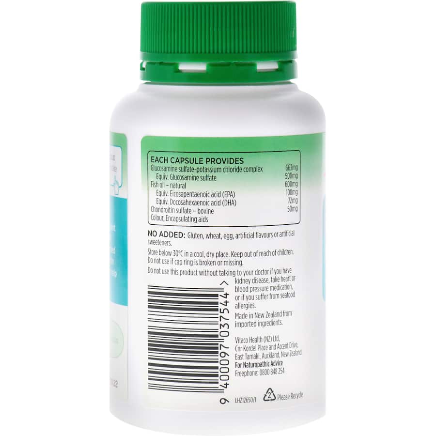 Healtheries Joint Formula capsules with glucosamine, chondroitin, and omega-3 for optimal joint health and flexibility.