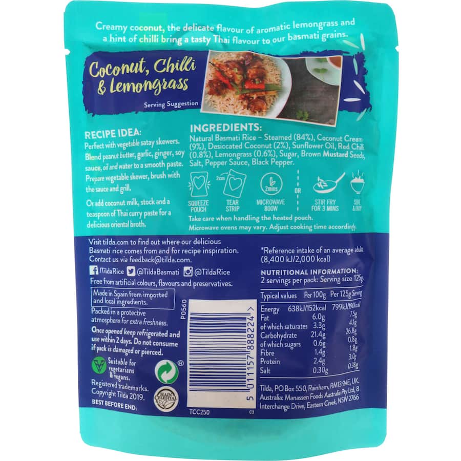 Tilda Steamed Rice Coconut Lemongrass Basmati in a pouch, featuring fluffy basmati with coconut, lemongrass, and chili flavors.
