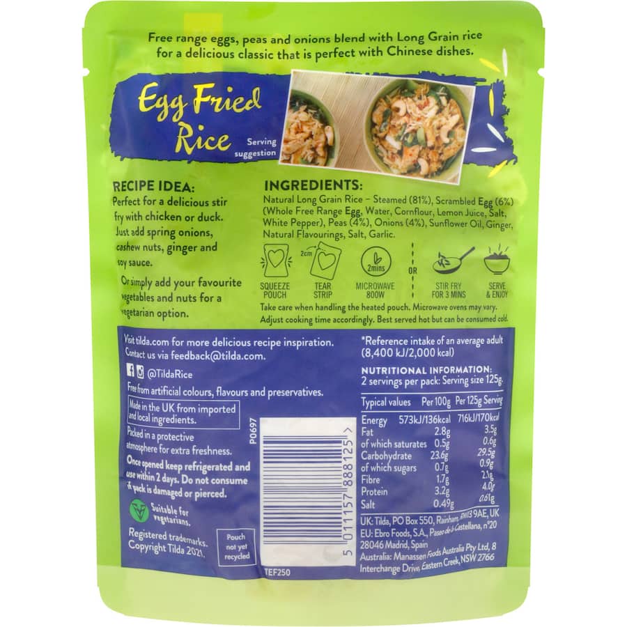 Tilda Steamed Rice Egg Fried Rice in a microwavable pouch, featuring fluffy eggs and peas, gluten-free and vegetarian meal option.
