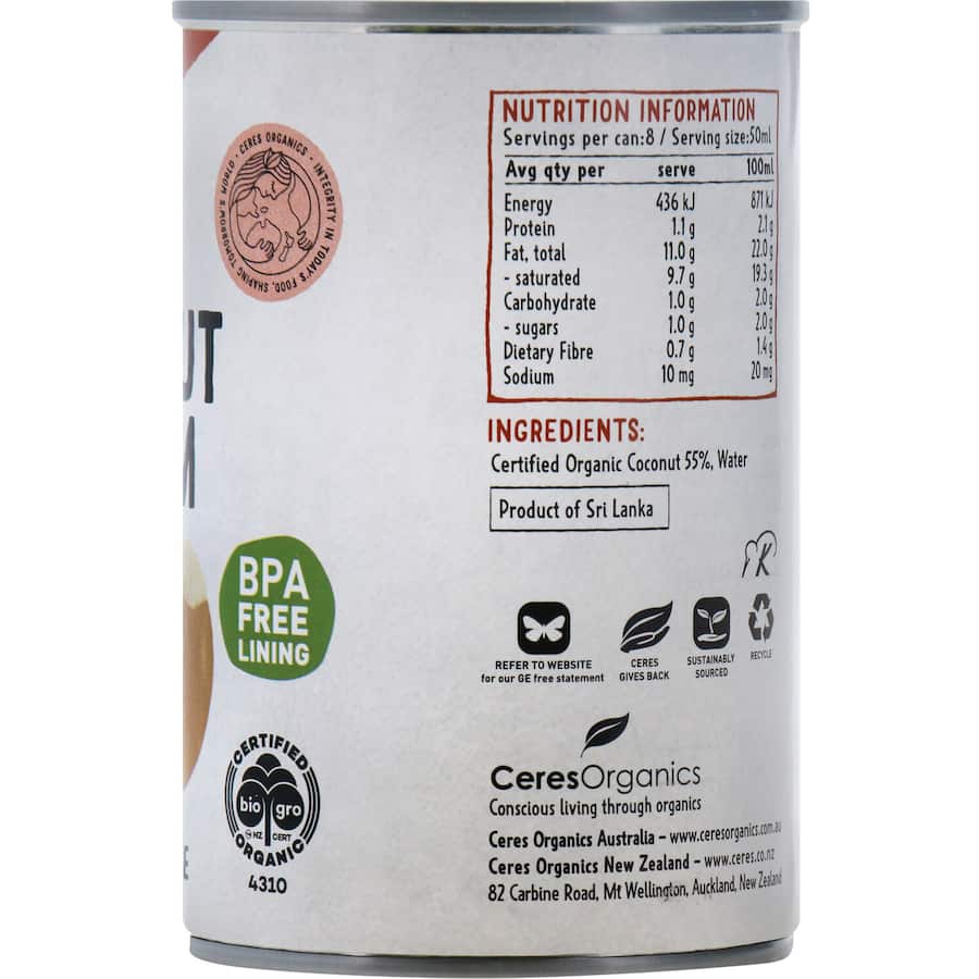 Ceres Organics Coconut Cream Creamy & Unsweetened Can 400mL