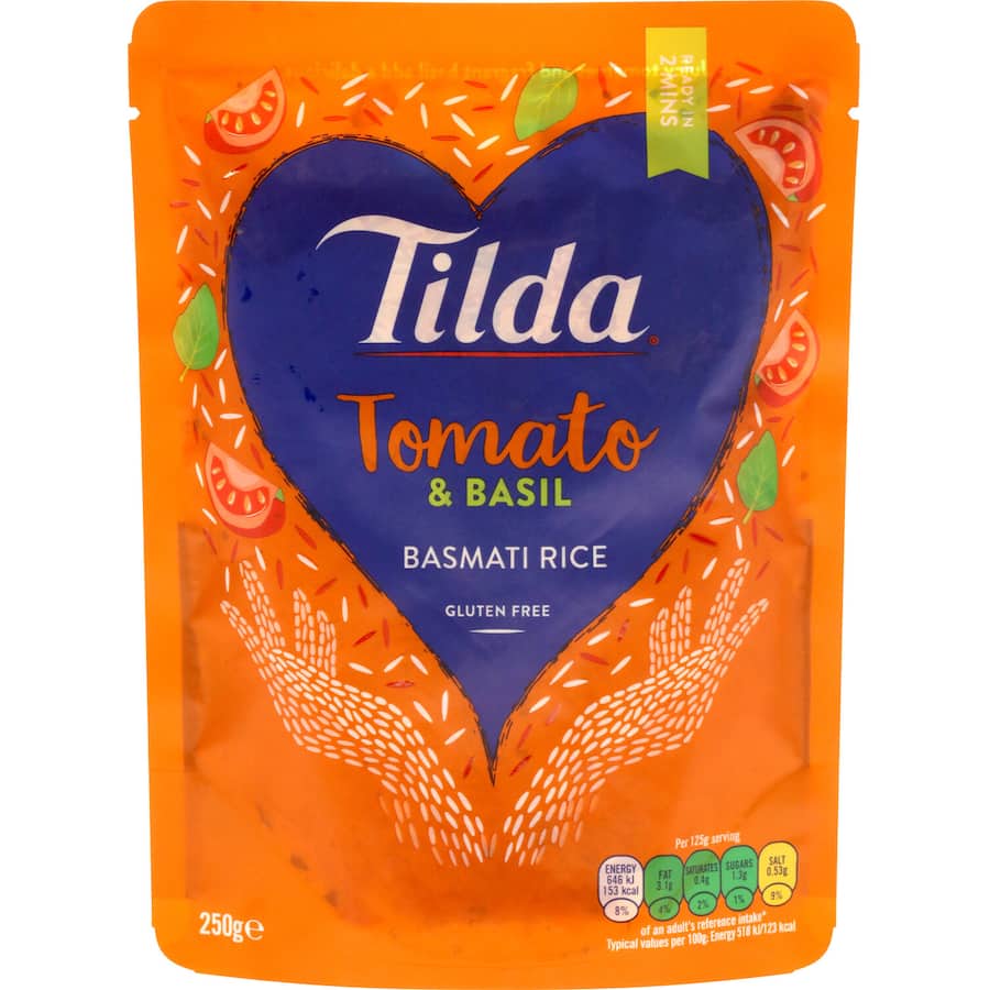 Tilda Steamed Rice Tomato & Basil Basmati in a microwavable pouch, featuring flavorful tomatoes and basil, gluten-free and vegan.