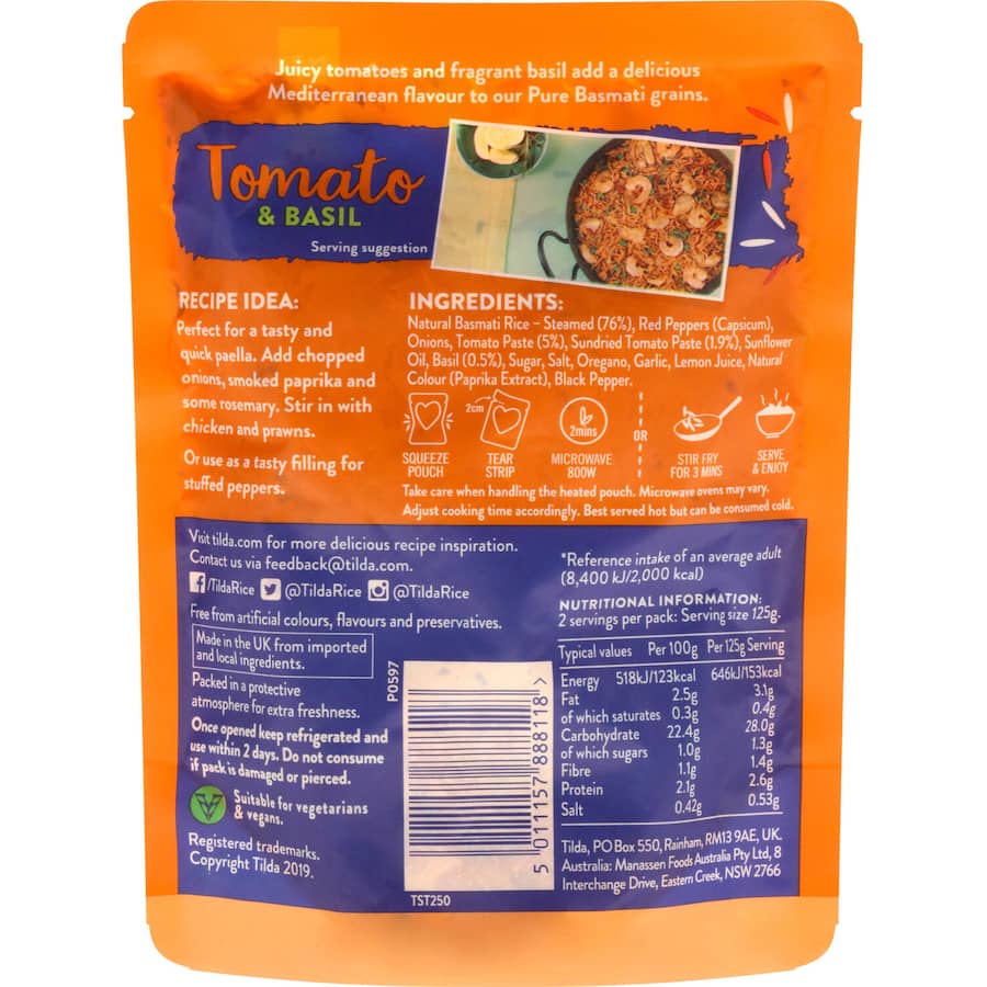 Tilda Steamed Rice Tomato & Basil Basmati with juicy tomatoes and fragrant basil in a convenient microwavable pouch.