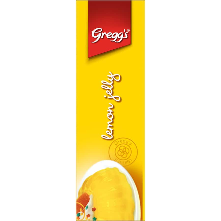 Bright yellow Greggs Jelly Lemon crystals, ideal for easy lemon desserts like cheesecake; quick to prepare with boiling water.