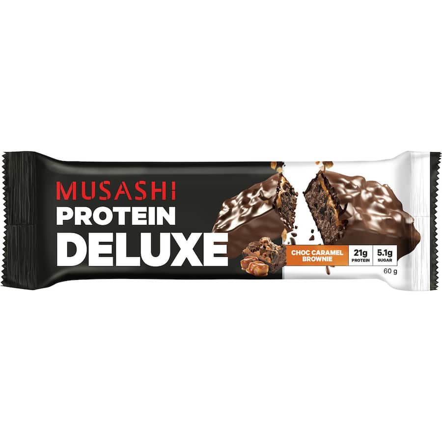 Musashi Deluxe Protein Bar Chocolate Brownie, a protein-packed, gluten-free snack that's indulgent and nutritious.