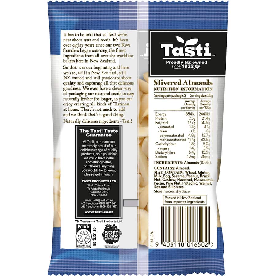 Tasti Almonds Slivered: premium quality, crunchy almonds ideal for snacking, baking, and enhancing salads with natural flavor.