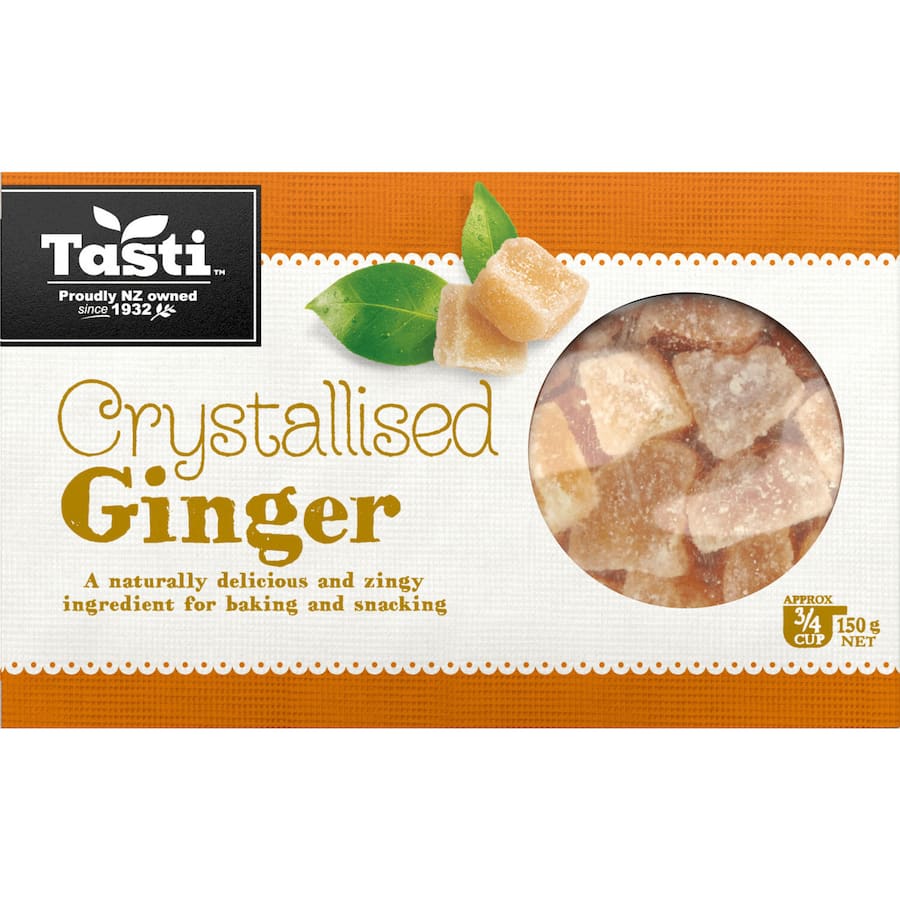 Tasti Ginger Preserved in a jar, showcasing its rich flavor, perfect for baking, cooking, and snacking. Gluten-free and natural.