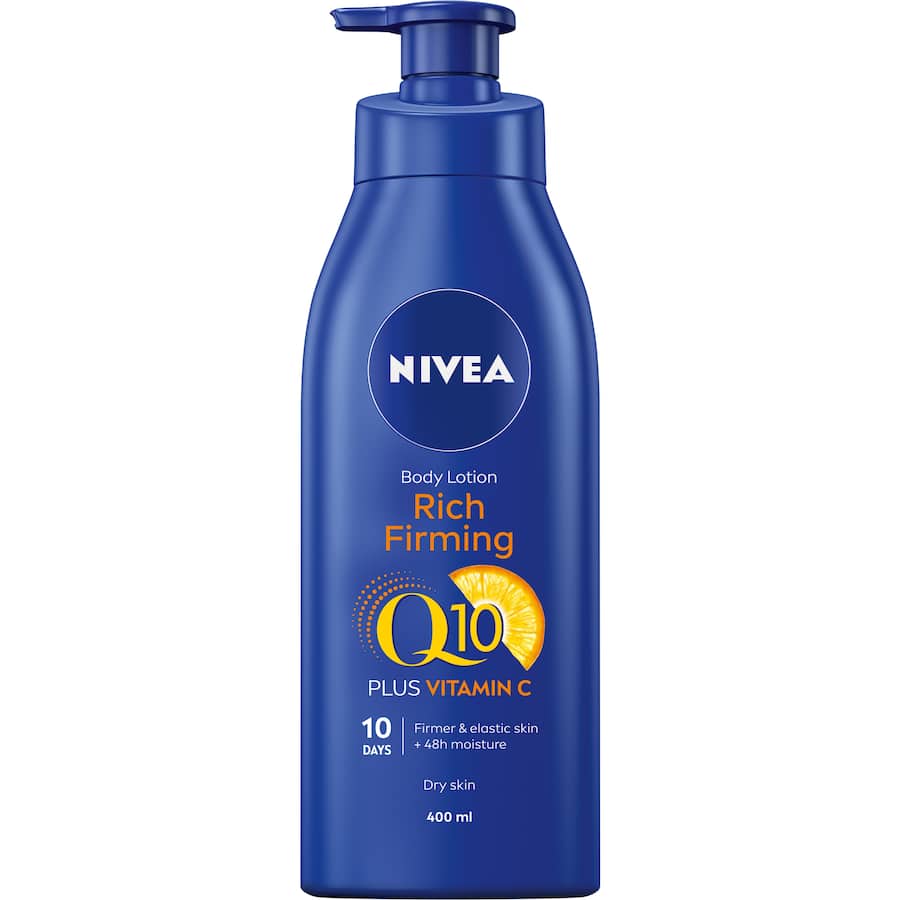 Nivea Body Lotion Rich Firming Q10 in a pump bottle, enhancing skin firmness and elasticity with Q10 and Vitamin C.