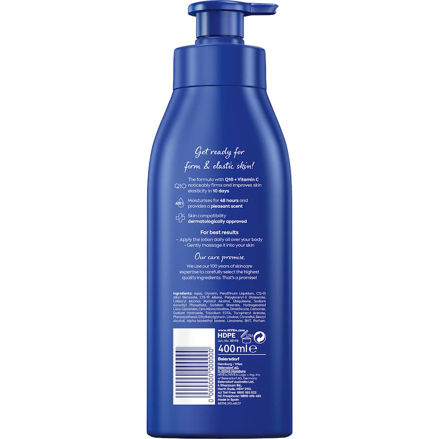Nivea Body Lotion Rich Firming Q10 for dry skin, enriched with Q10 and Vitamin C for 48-hour hydration and improved elasticity.