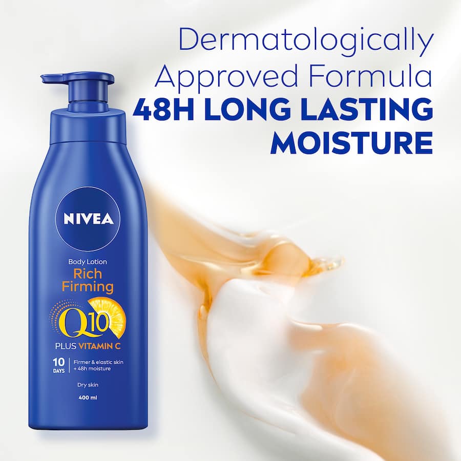 Nivea Body Lotion Rich Firming Q10 in pump bottle, firms skin and moisturizes for 48 hours, ideal for dry skin.