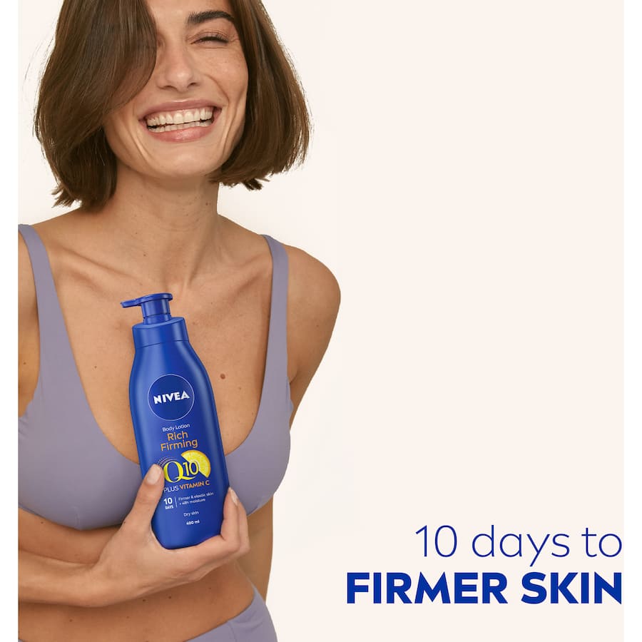 Nivea Body Lotion Rich Firming Q10 in a pump bottle, hydrates dry skin for 48 hours, firms and revitalizes with Q10 and Vitamin C.