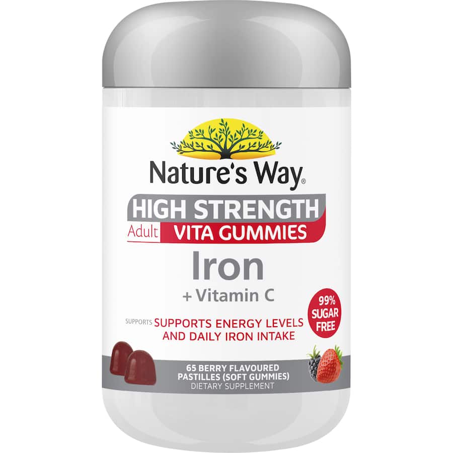 Berry-flavored iron gummies for adults, promoting energy and healthy red blood cell formation. Ideal for vegetarians.