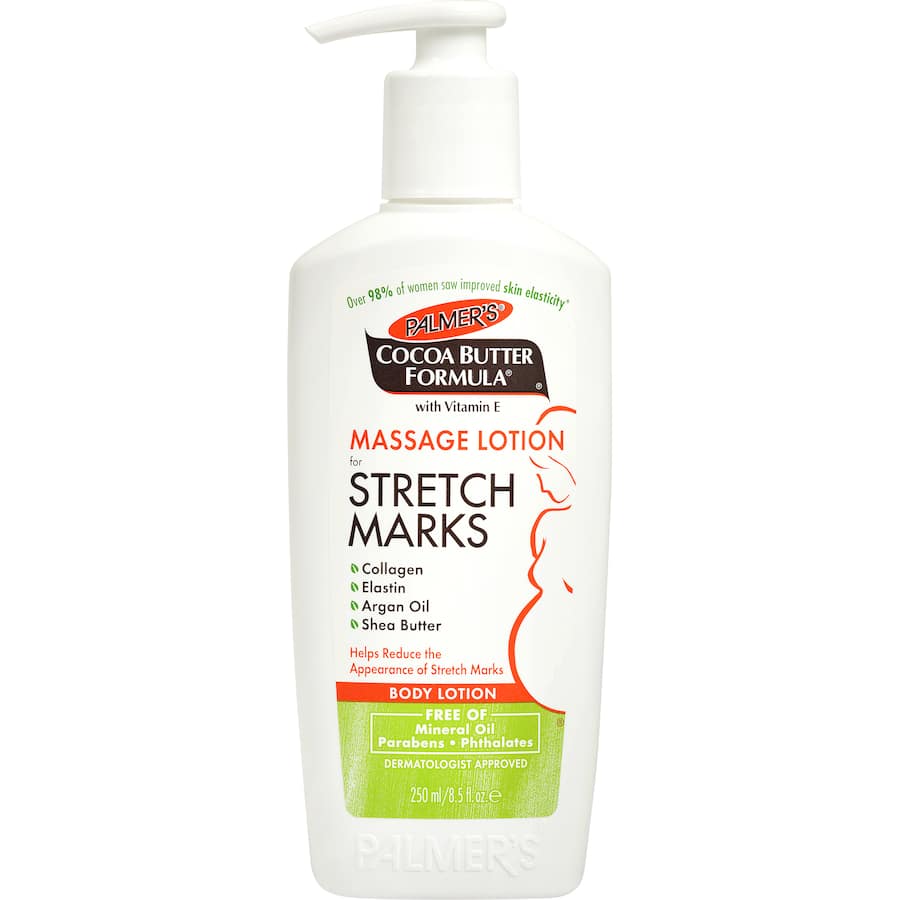 Palmers Stretch Mark Lotion Cocoa Butter hydrates skin, enhances elasticity, and helps fade stretch marks with a rich, nourishing formula.