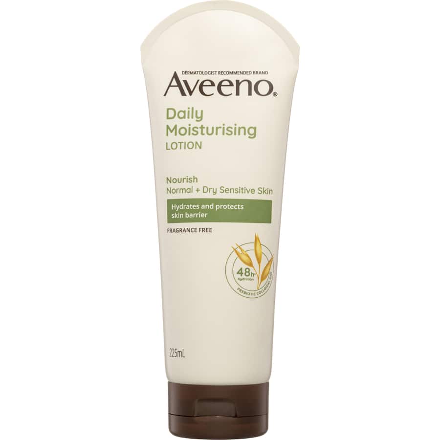 Aveeno Active Naturals Body Lotion, a fragrance-free formula with prebiotic oat for 48 hours of hydration and skin barrier protection.