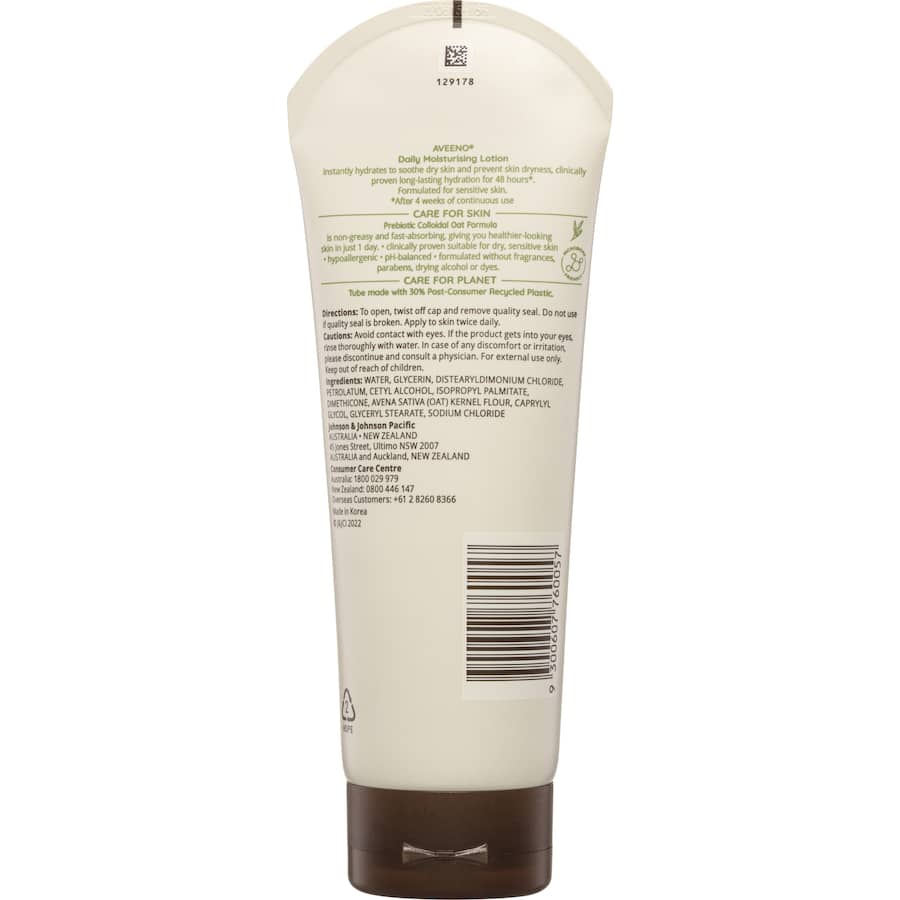 Aveeno Active Naturals Body Lotion with prebiotic oat, providing 48-hour hydration for sensitive and dry skin, eco-friendly packaging.
