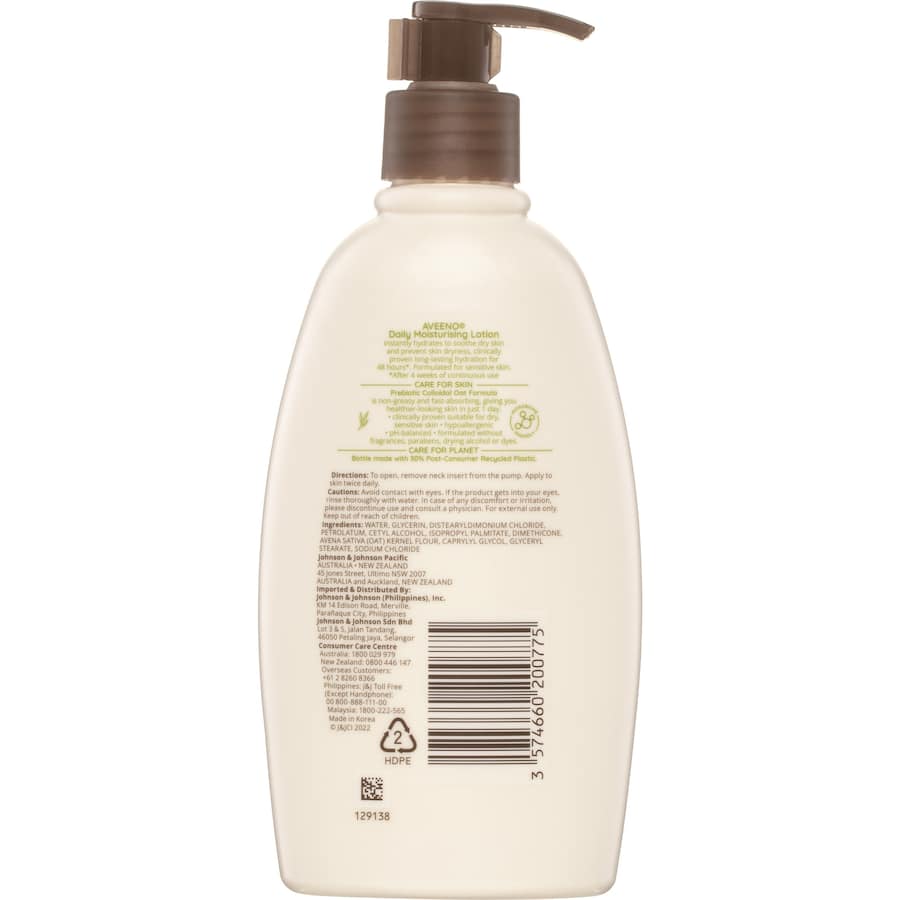 Aveeno Active Naturals Body Lotion, fragrance-free, hydrates sensitive skin for 48 hours using prebiotic colloidal oat.