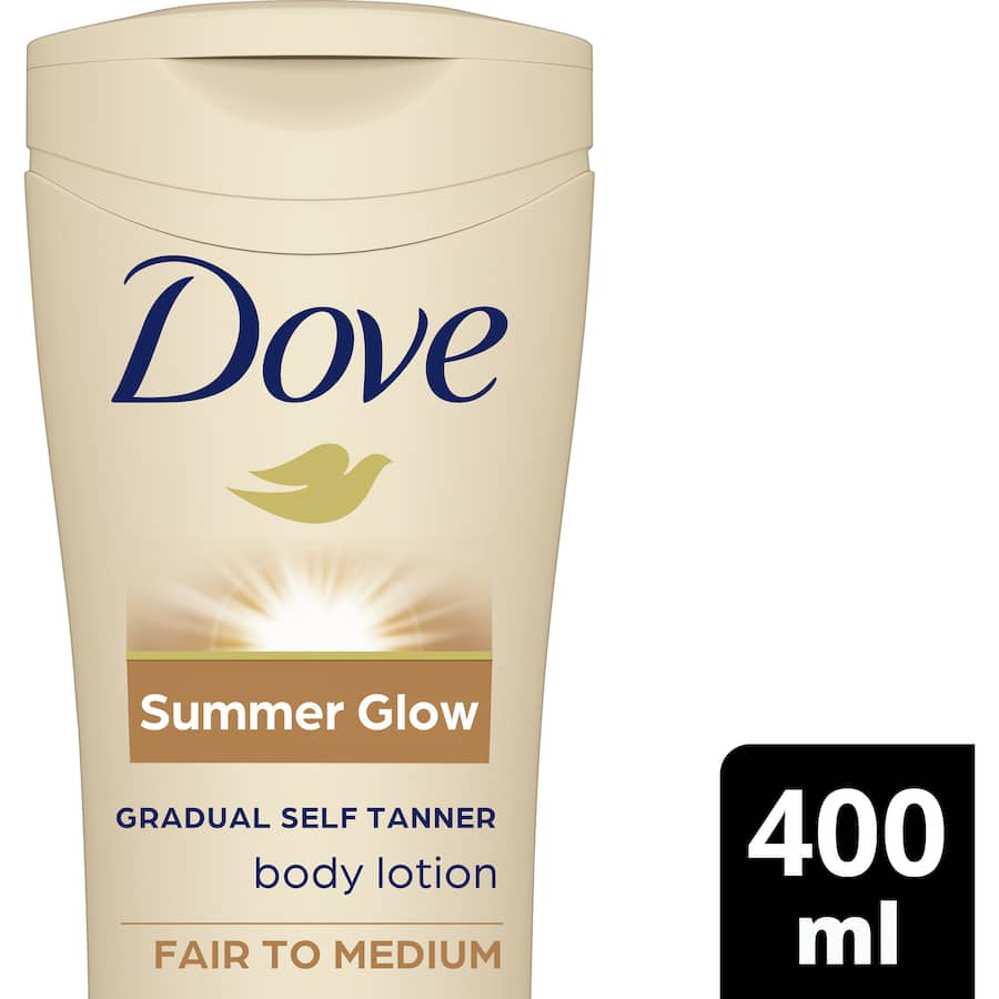 Dove Summer Glow Body Lotion for Fair to Medium Skin provides gradual tanning and 24-hour hydration for a sun-kissed glow.