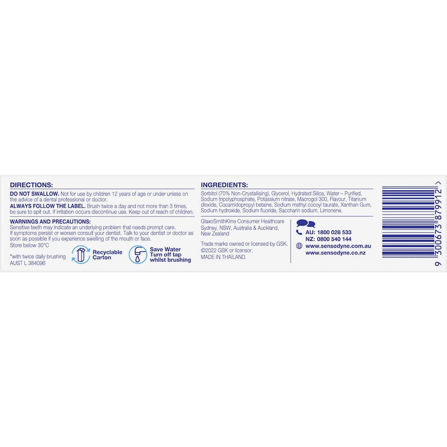 Sensodyne Sensitive Teeth Toothpaste in Cool Mint for lasting relief and enhanced oral care for sensitive teeth.