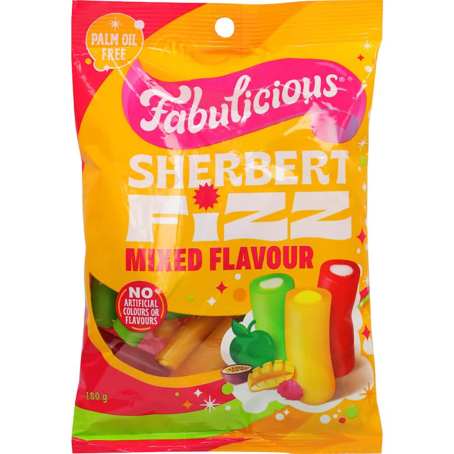 Assorted tubes of Rj's Fabulicious Sherbert Fizz sweets packed with fizzy centers and fruity flavors like apple and raspberry.