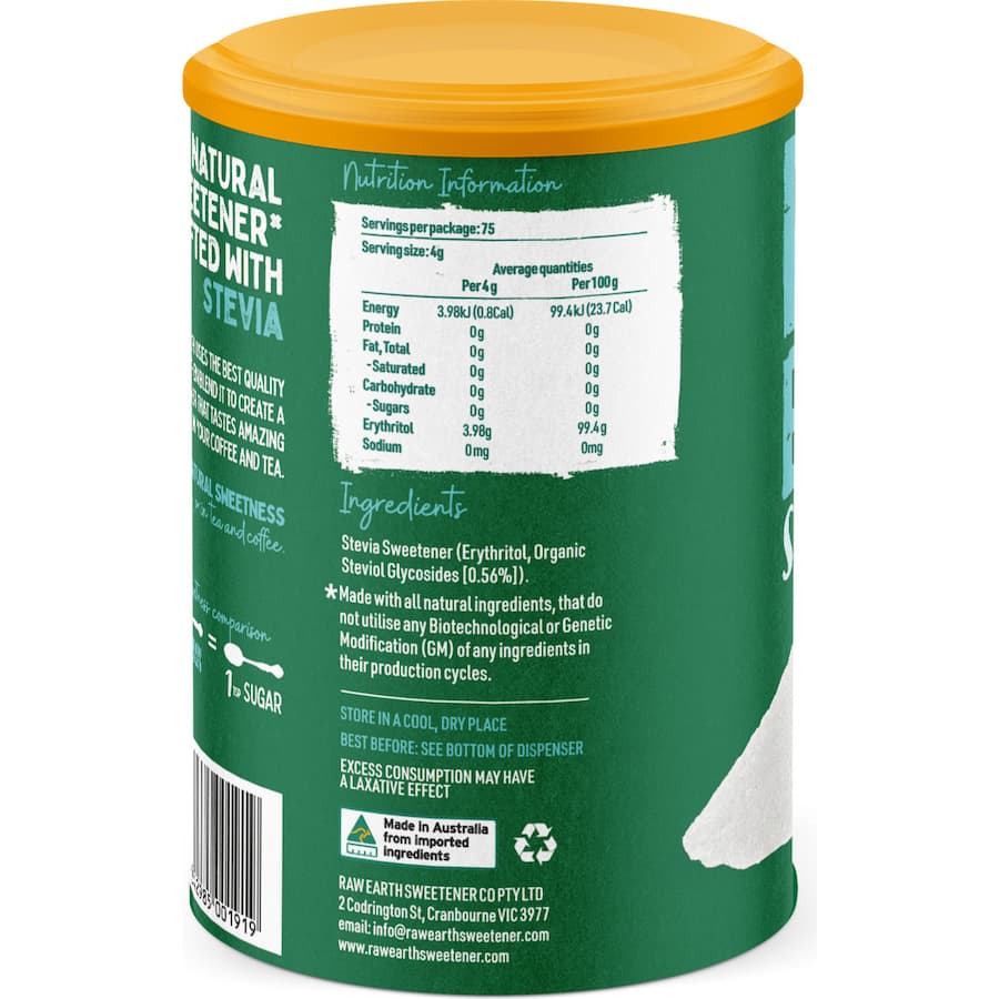 Raw Earth Sugar Substitute Stevia White Sweetener Cannister 300g