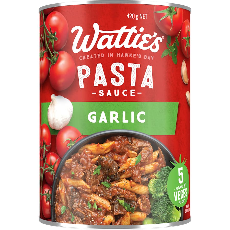 Wattie's Garlic Pasta Sauce in a can, featuring rich flavor, no artificial additives, and 5 servings of vegetables per can.