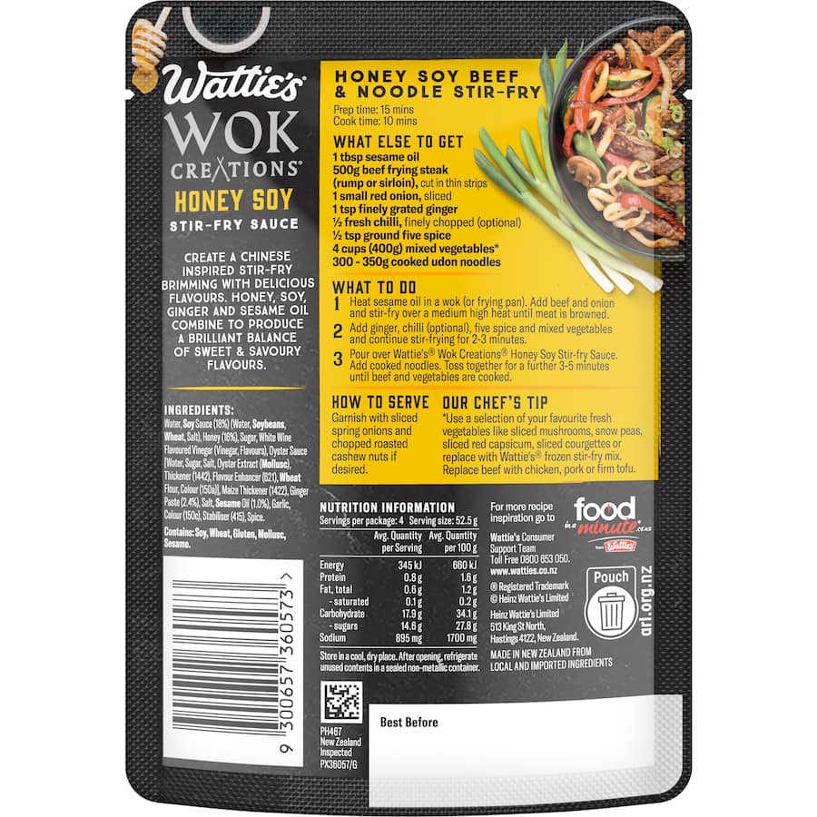 Watties Wok Creations Honey Soy Stir-fry Sauce with honey, soy, ginger, and sesame for flavorful, easy meals.