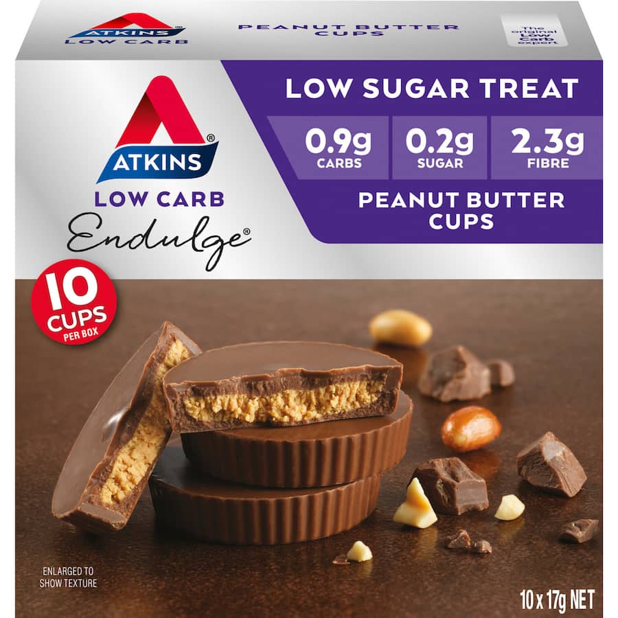 Atkins Endulge Peanut Butter Cups featuring creamy peanut butter in chocolate, low-carb, sugar-free treat for guilt-free snacking.