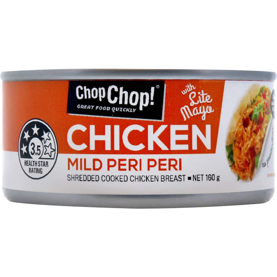 Canned chicken in mild peri peri sauce, perfect for quick and flavorful meals. Ideal for busy families and easy recipes.