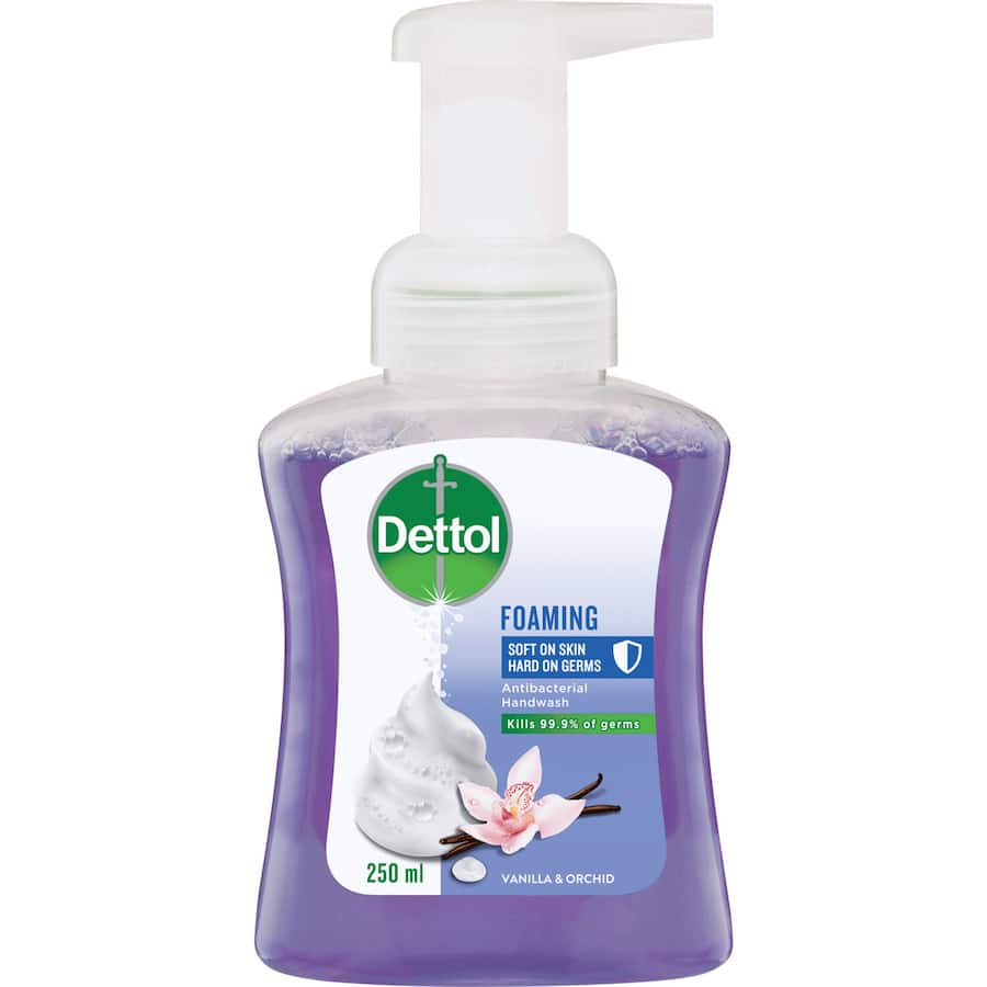 Dettol Hand Wash Foam Vanilla Orchid: Antibacterial foam with a soothing vanilla fragrance that kills 99.9% of germs gently.
