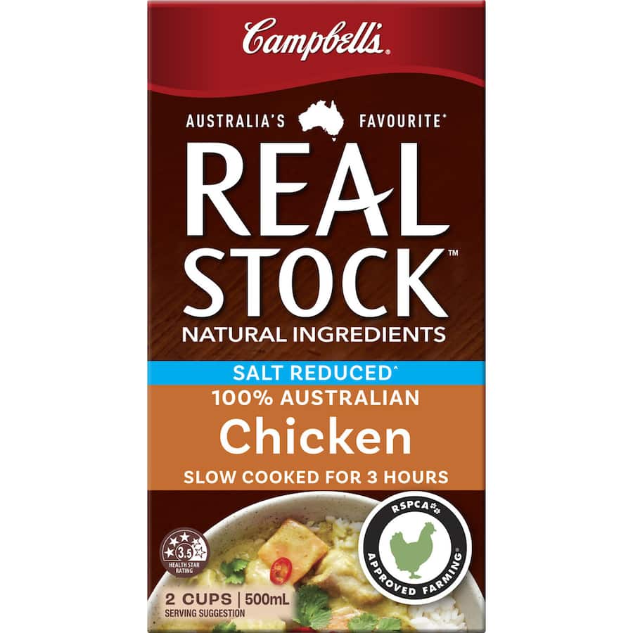 Campbell's Real Stock Chicken Stock Liquid Reduced Salt, a flavorful, low-sodium cooking essential for versatile dishes.