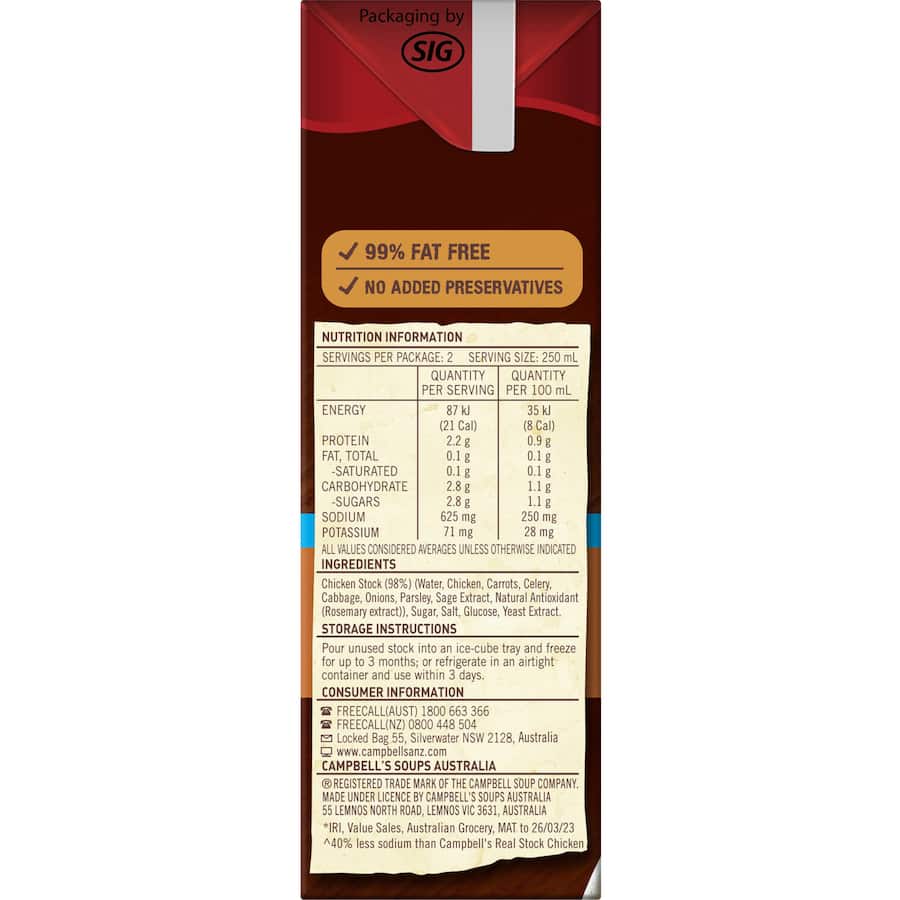 Campbell's reduced salt chicken stock, ideal for enhancing dishes with rich flavor while supporting healthier cooking.