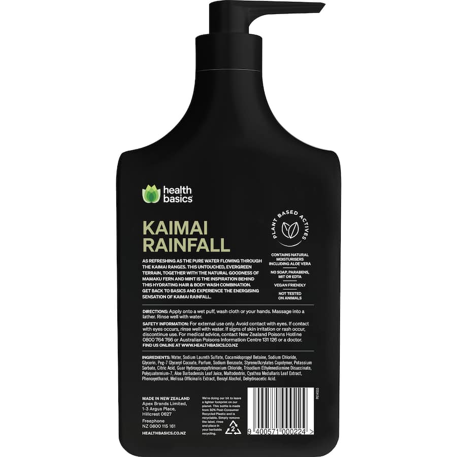 Luxurious Health Basics Body Wash Kaimai Rainfall, infused with natural ingredients for soft, refreshed, and rejuvenated skin.