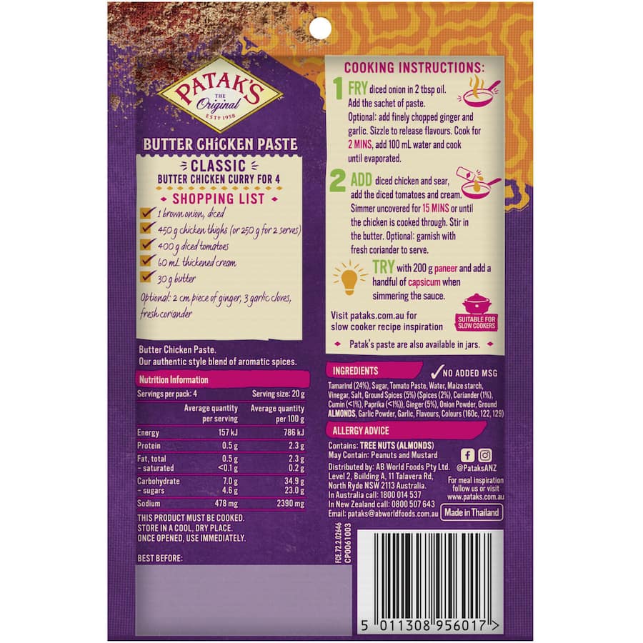 Pataks Recipe Base Butter Chicken Mild Sachet 80g