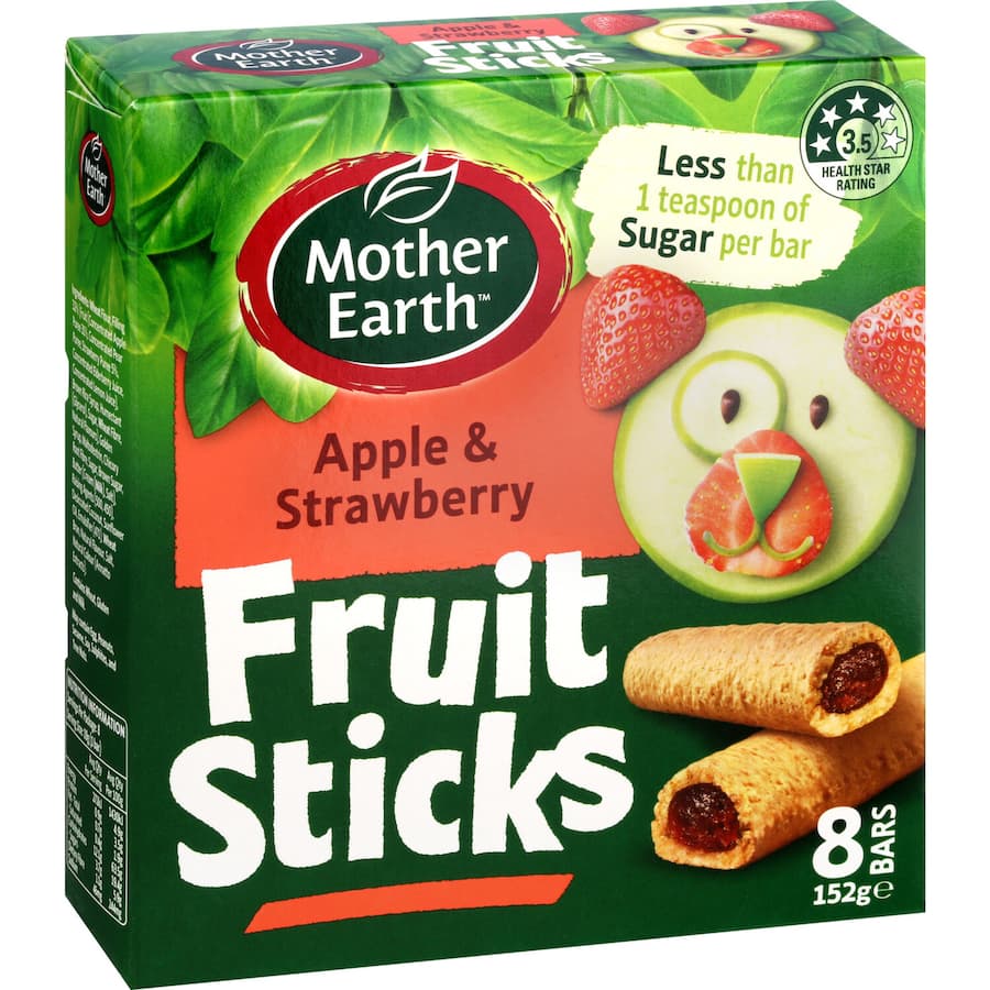 Mother Earth Fruit Sticks featuring apple and strawberry flavors in a soft, nutritious dough, perfect for healthy snacking.