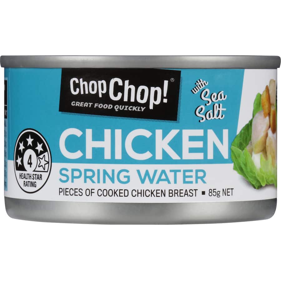 Chop Chop Canned Chicken in Spring Water, a convenient source of lean protein for quick meals and recipes.