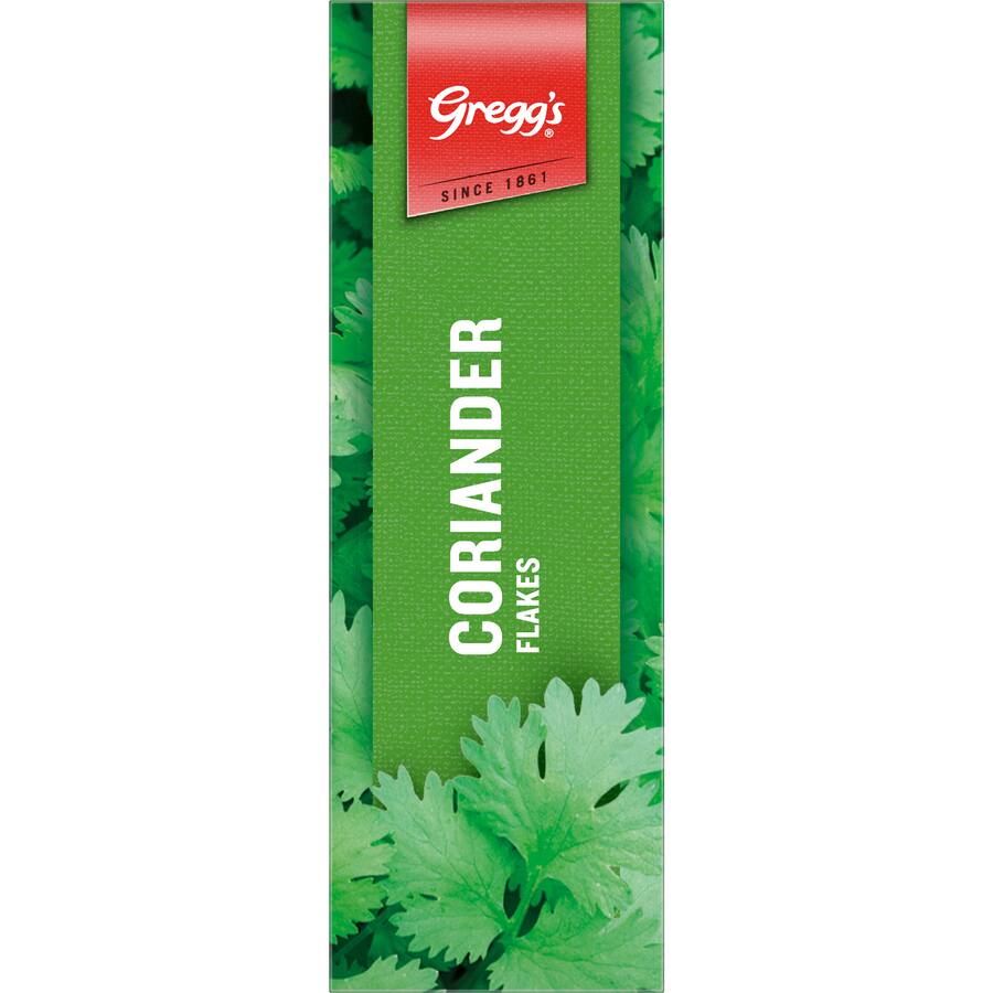 Greggs Coriander Flakes in a clear packet, showcasing dried, aromatic flakes perfect for enhancing Asian and Mexican dishes.