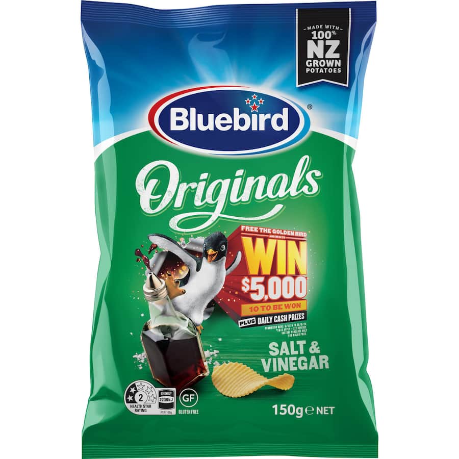 Bluebird Originals Salt & Vinegar Chips bag showcasing crispy potato chips with bold flavor, celebrating 70 years of deliciousness.