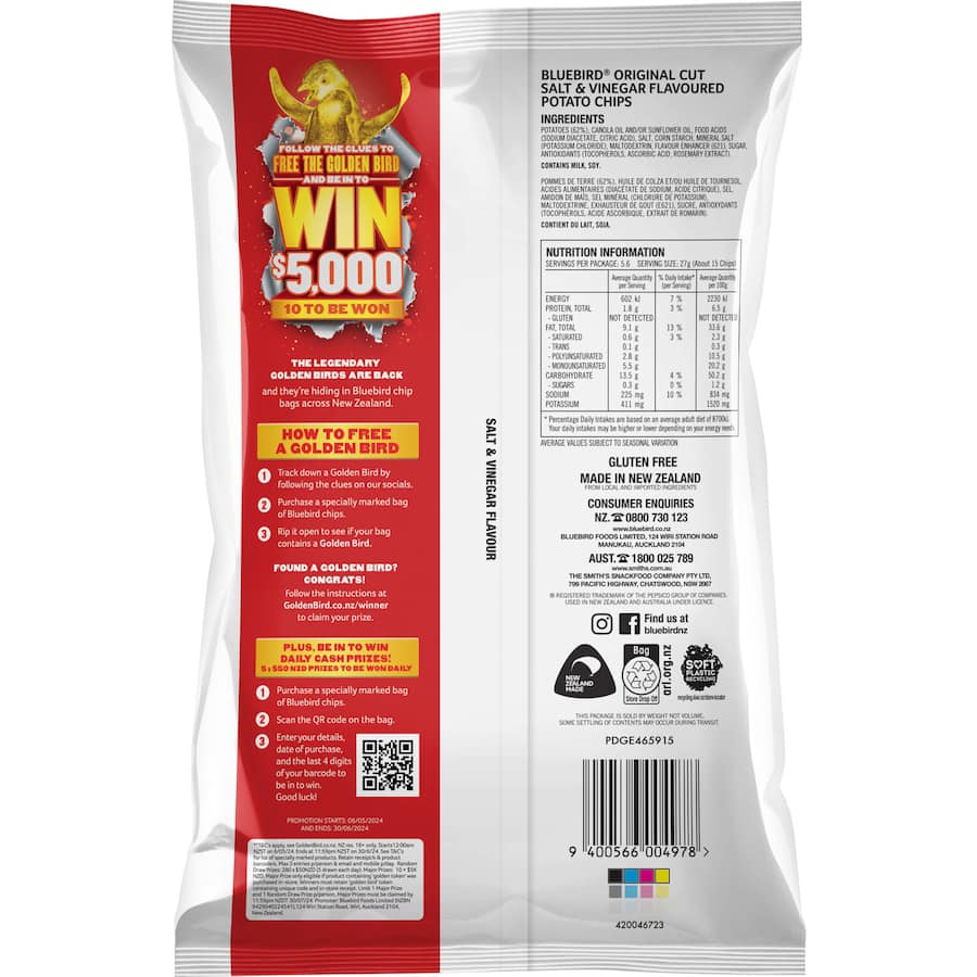 A bag of Bluebird Originals Salt & Vinegar Chips, showcasing crispy potato chips with vibrant packaging, perfect for snacking.