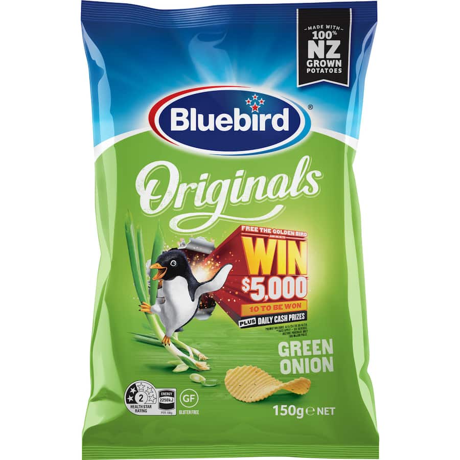 Bluebird Originals Green Onion chips, crunchy potato snacks made from 100% New Zealand potatoes, perfect for any occasion.