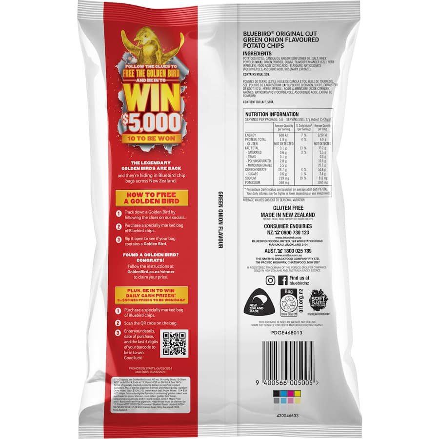 Bluebird Originals Green Onion Chips: crunchy potato chips made from 100% NZ potatoes, bursting with savory green onion flavor.