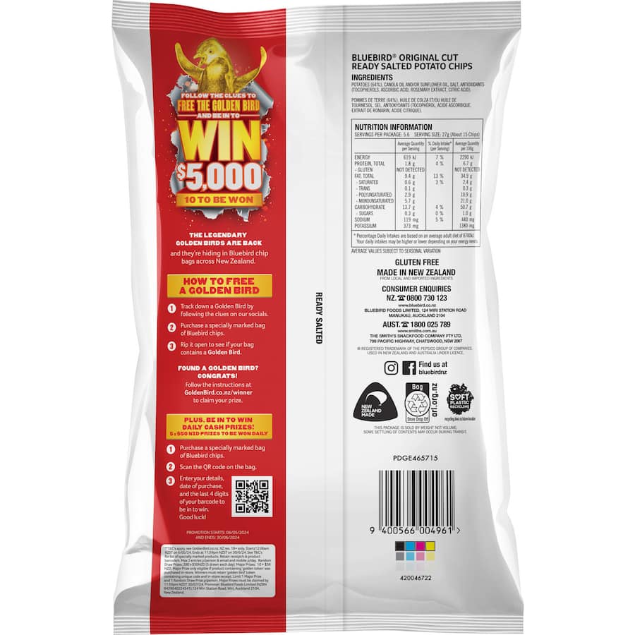 Bluebird Originals Ready Salted Chips featuring fresh NZ potatoes, vegan-friendly, and classic crunchy flavor for any occasion.