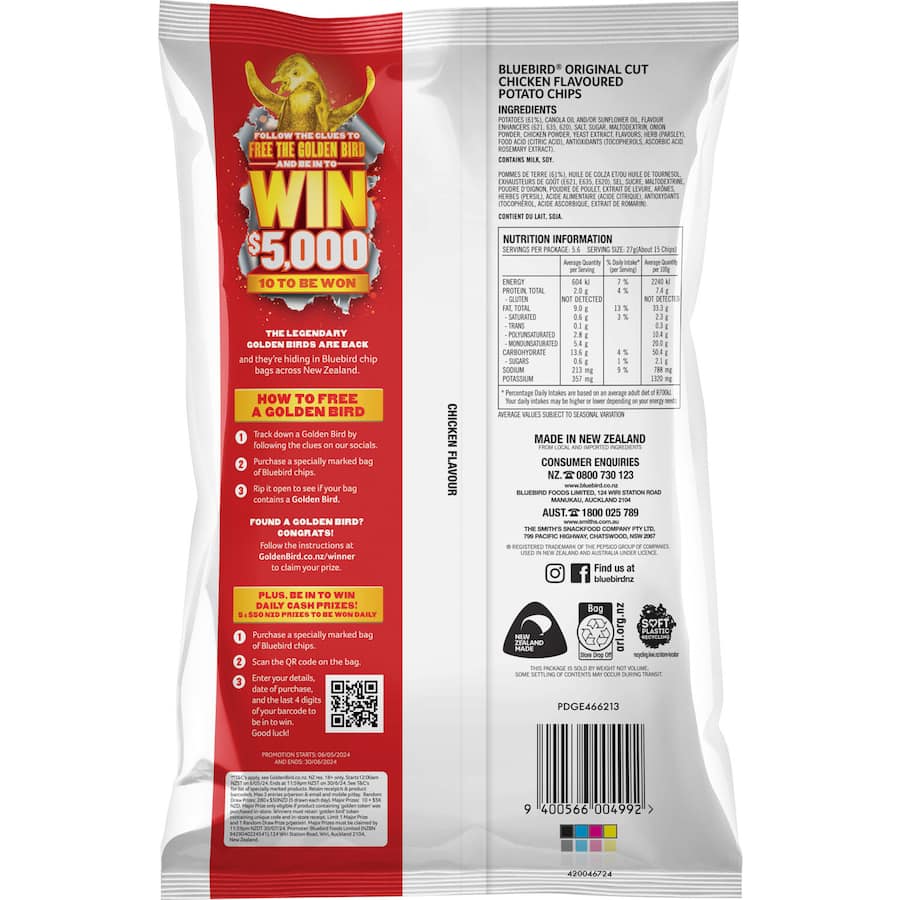 Crunchy Bluebird Originals Chicken Chips made from 100% New Zealand potatoes, ideal for sharing and enjoying any occasion.