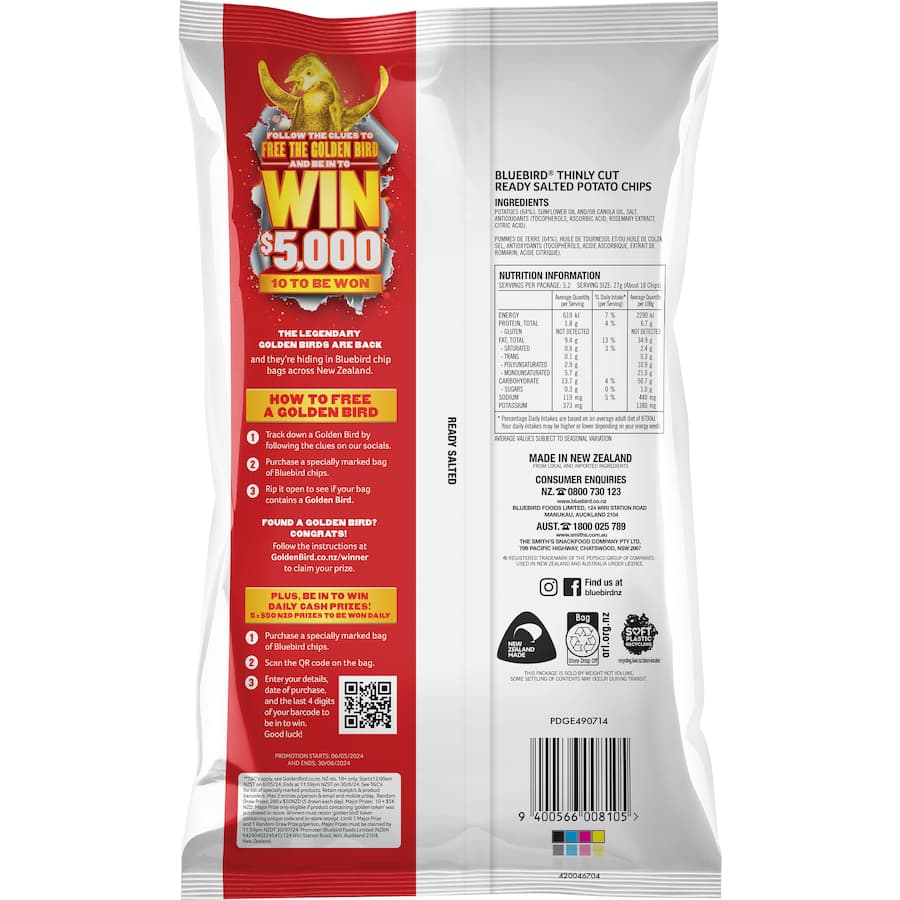 Thin cut Bluebird potato chips, ready salted, made from 100% NZ potatoes, vegan-friendly, perfect for any occasion.