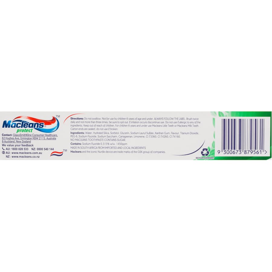 Macleans Protect Toothpaste in Mild Mint promotes healthy teeth and gums, offering fresh breath and cavity protection.