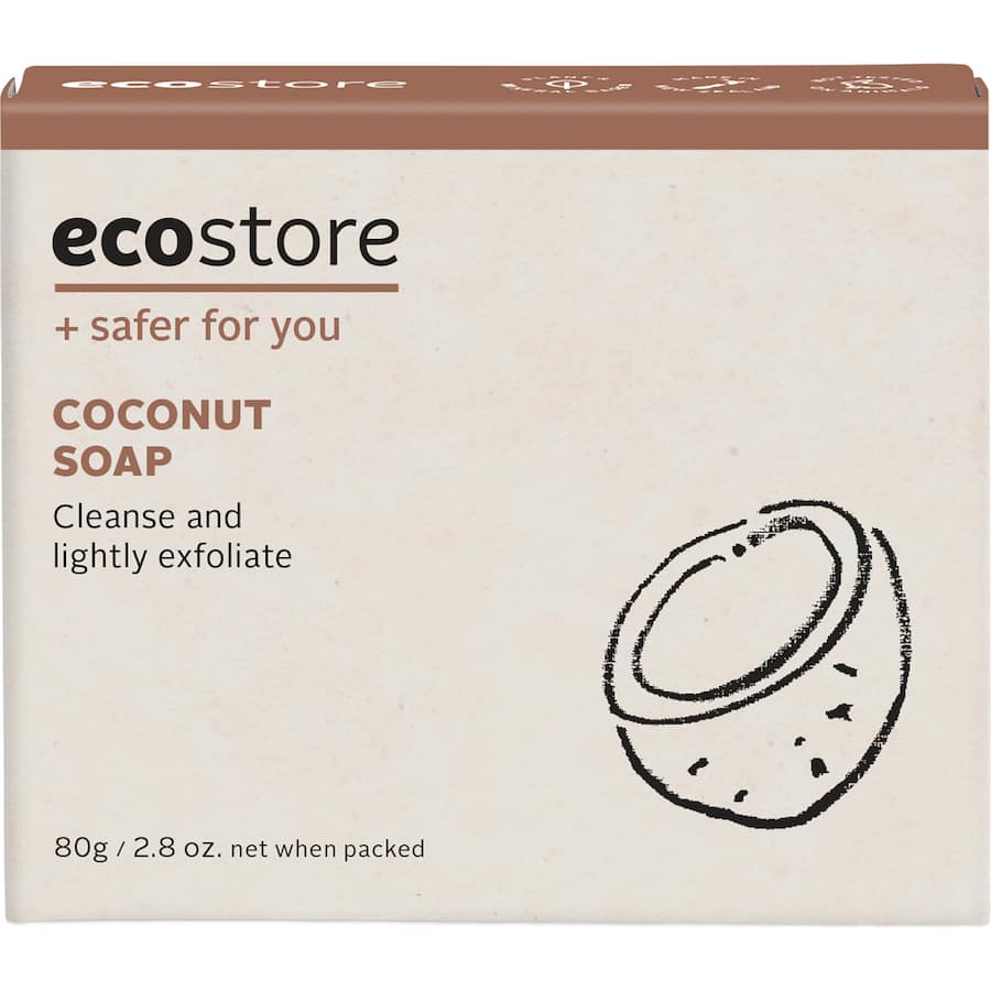 Ecostore Coconut Soap with gentle exfoliating strands, nourishing formula, and eco-friendly packaging for a luxurious, tropical cleanse.