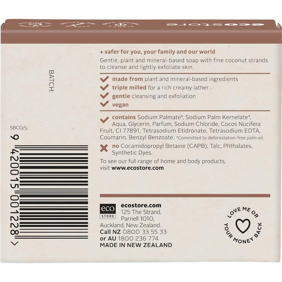 Ecostore Coconut Soap with natural coconut strands for gentle exfoliation, nourishing skin with a tropical aroma. Eco-friendly packaging.